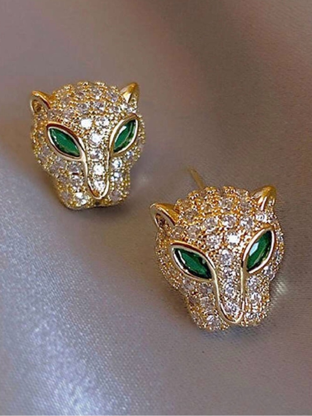 Gold Tone Panther Head Crystal Stud Earrings with Green Eyes